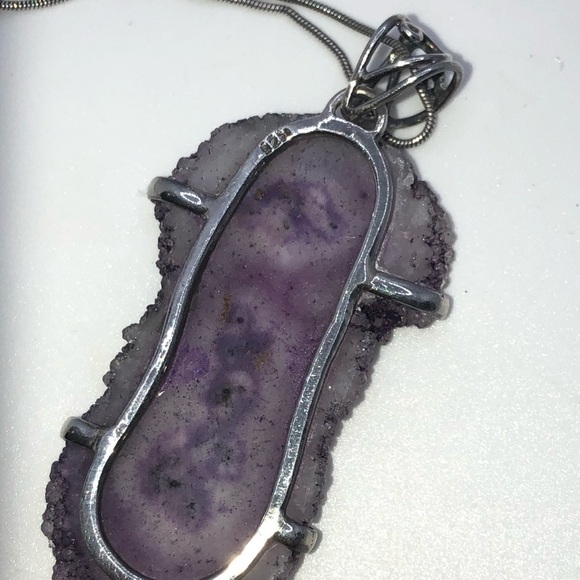 VTG Sterling Amethyst Druzy Slice Pendsnt w 925 Snake Chain 19” / 2.5” Pendant - Picture 10 of 11